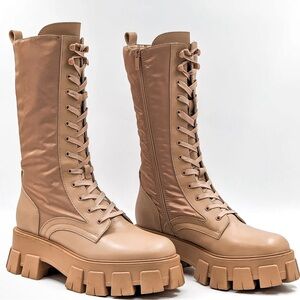 MARC FISHER WMN HAYES DUNE LACE-UP LEATHER ELASTIC TALL COMBAT BIKER BOOTS